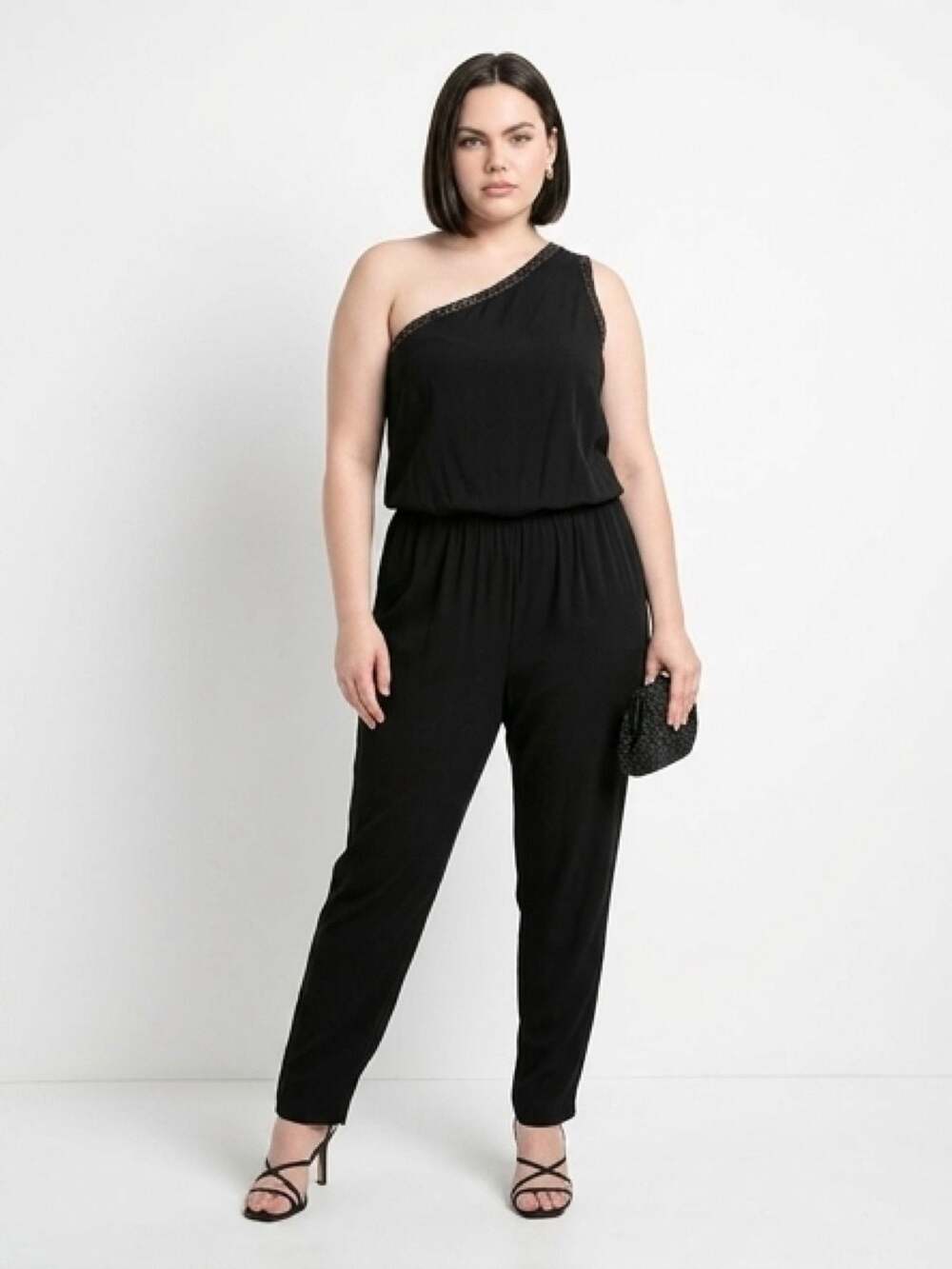 Ramy Brook Black Silk One-Shoulder Beaded Jumpsuit Size L